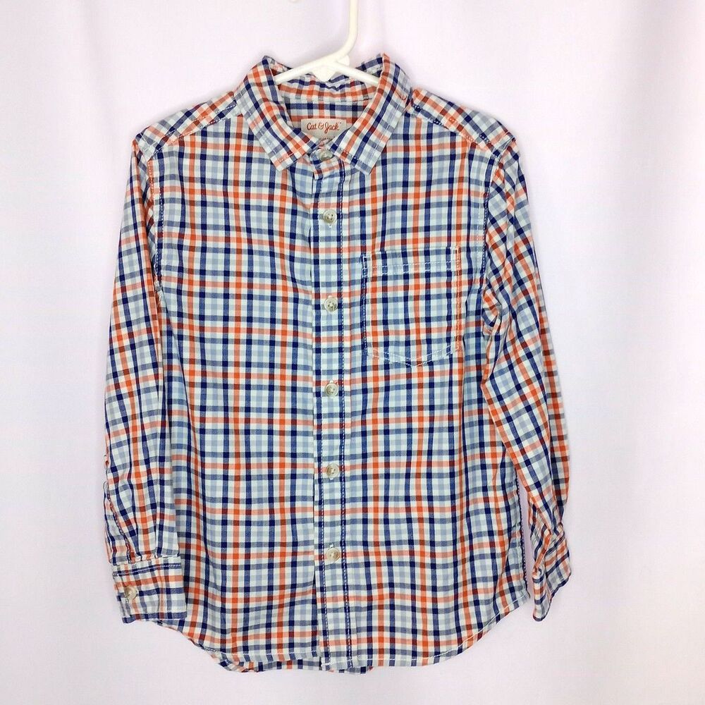 Cat & Jack Plaid Button Down Dress Shirt Gingham Long Slve Top Youth Boys XS